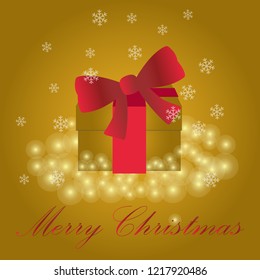 Gold color present box with red ribbon.  Vector illustration. Gold bubbles and snowflakes background.  Season's greetings, Merry Christmas and Happy New Year.