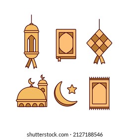 gold color ramadhan icon set with lantern lamp, al qur'an book, ketupat, mosque, prayer mat, and crescent moon