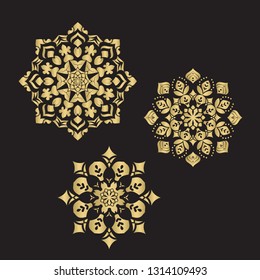 Gold color round abstract ethnic ornament mandalas. Based on old greek, arabic and turkish motifs. For textile, invitations, banners and other