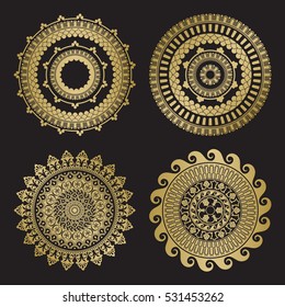 Gold color round abstract ethnic ornament mandalas. Based on old greek, arabic and turkish motifs. For textile, invitations, banners and other