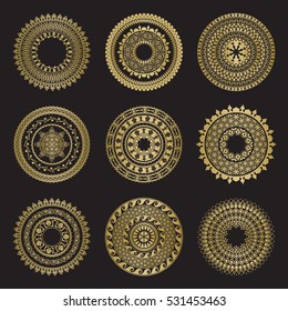 Gold color round abstract ethnic ornament mandalas. Based on old greek, arabic and turkish motifs. For textile, invitations, banners and other