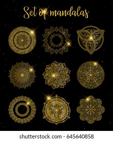 Gold color round abstract ethnic ornament mandalas. Round ornament decoration. Colorful flower patterns. Tattoo print