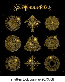 Gold color round abstract ethnic ornament mandalas. Round ornament decoration. Colorful flower patterns. Tattoo print
