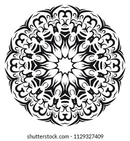 gold color round mandala on black background. vector illustration. for relax, tatoo, invitation ornamemt