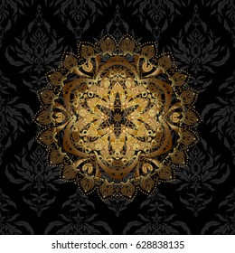 Gold color round mandala on a black background. For textile, invitations, banners and other. Vector illustration.