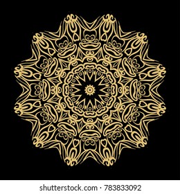 gold color round mandala on black background. vector illustration. for relax, tatoo, invitation