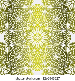 Gold color seamless Floral Ornament. Symmetric Pattern . For Print Bandanna, Tablecloth, Fabric Fashion. Vector illustration