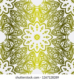 Gold color seamless Floral Ornament. Symmetric Pattern . For Print Bandanna, Tablecloth, Fabric Fashion. Vector illustration