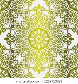 Gold color seamless Floral Ornament. Symmetric Pattern . For Print Bandanna, Tablecloth, Fabric Fashion. Vector illustration