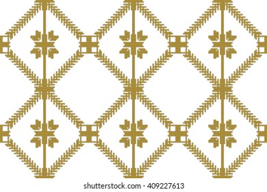 gold color seamless pattern of round pixel mosaic design as textiles, presentations, wallpapers. Vector Image.