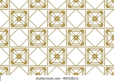 gold color seamless pattern of round pixel mosaic design as textiles, presentations, wallpapers with cross and rhombus element. Vector Image.