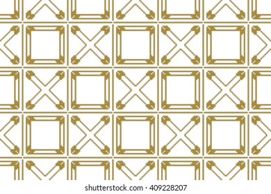 gold color seamless pattern of round pixel mosaic design as textiles, presentations, wallpapers with cross and rhombus element. Vector Image.