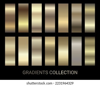 Gold color set gradients collection vector. Golden luxury vip gradients set of metallic gold vector festive colors. For Christmas cards, banners, tags, fonts, New Year Eve party flyers design