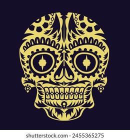 Gold color skulls patterns graphic print, It represents death in the next world, Design element for logo, tattoo, textile, halloween.