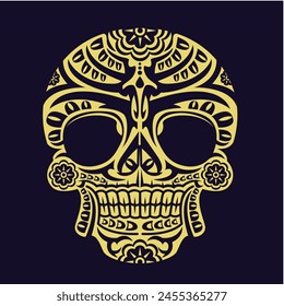 Estampado gráfico de patrones de calaveras de color dorado, Representa la muerte en el próximo mundo, Elemento de diseño para logotipo, tatuaje, textil, diseño de patrones de tela, decoraciones, Plantillas y otros diseños. 