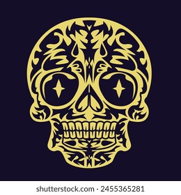 Gold color skulls patterns graphic print, It represents death in the next world, Design element for logo, tattoo, textile, halloween.