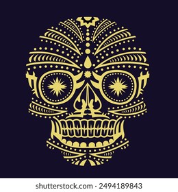 Gold color skulls patterns graphic print, It represents death in the next world, Design element for logo, tattoo, textile, halloween.