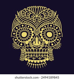 Gold Farbe Schädel Muster Grafik-Druck, Es stellt den Tod in der nächsten Welt, Design-Element für Logo, Tattoo, Textil, Stoff Muster Design Dekorationen Vorlagen und andere Designs.