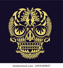 Gold color skulls patterns graphic print, It represents death in the next world, Design element for logo, tattoo, textile, halloween.
