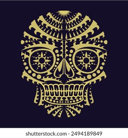 Gold color skulls patterns graphic print, It represents death in the next world, Design element for logo, tattoo, textile, halloween.