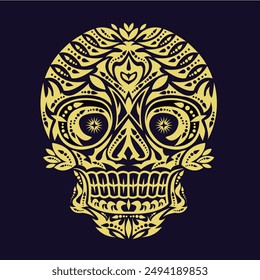 Estampado gráfico de patrones de calaveras de color dorado, Representa la muerte en el próximo mundo, Elemento de diseño para logotipo, tatuaje, textil, diseño de patrones de tela, decoraciones, Plantillas y otros diseños.
