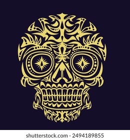 Gold color skulls patterns graphic print, It represents death in the next world, Design element for logo, tattoo, textile, halloween.