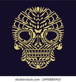 Gold color skulls patterns graphic print, It represents death in the next world, Design element for logo, tattoo, textile, fabric pattern design decorations templates and other designs.
