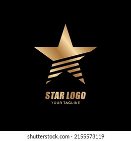 gold color star logo vector design with elegant, cool, creative, modern style. star logo type with black background