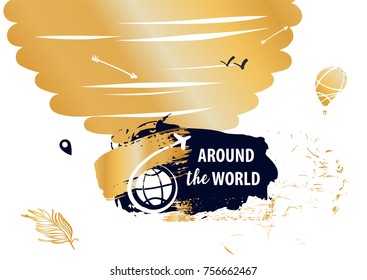 Gold color style poster with airplane flying around world. Travel agency, company, bureau template logo.