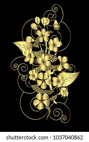 gold color vector Snake with cherry blossom and cloud background.Hibiscus flower with Sakura flower among snake tattoo.