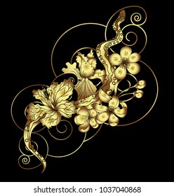 gold color vector Snake with cherry blossom and cloud background.Hibiscus flower with Sakura flower among snake tattoo.