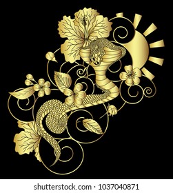 gold color vector Snake with cherry blossom and cloud background.Hibiscus flower with Sakura flower among snake tattoo.