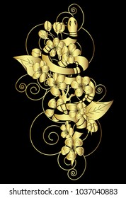 gold color vector Snake with cherry blossom and cloud background.Hibiscus flower with Sakura flower among snake tattoo.