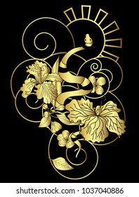 gold color vector Snake with cherry blossom and cloud background.Hibiscus flower with Sakura flower among snake tattoo.