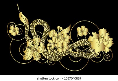 gold color vector Snake with cherry blossom and cloud background.Hibiscus flower with Sakura flower among snake tattoo.