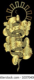 gold color vector Snake with cherry blossom and cloud background.Hibiscus flower with Sakura flower among snake tattoo.