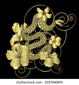 gold color vector Snake with cherry blossom and cloud background.Hibiscus flower with Sakura flower among snake tattoo.
