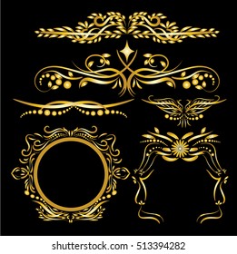 Gold Color Vintage Decorations Elements Flourishes Calligraphic Ornaments and Frames Black background
