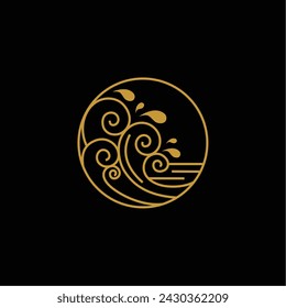 Gold color wave line logo design in circle