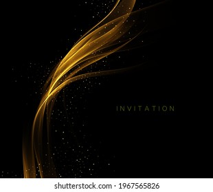 Gold color wave on black background Abstract stream of wavy lines with gold glitter particles