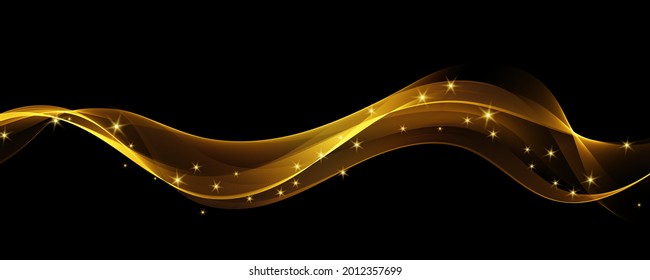 Gold color wave on black background Abstract stream of wavy lines with gold glitter particles Gold wave flow