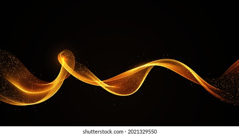 Gold color wave on black background Abstract stream of wavy lines with gold glitter particles Gold wave flow