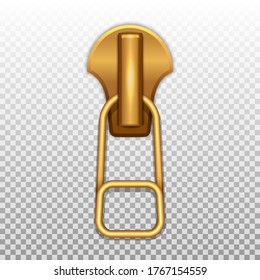 Gold color zip closure paper clip. Pendant for opening zippers on clothes. Isolated on a transparent background. 3D realistic vector illustration.