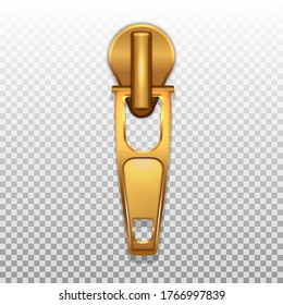 Gold color zip closure. Pendant for opening zippers on clothes. Isolated on a transparent background. 3D realistic vector illustration.