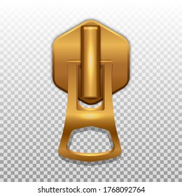 Gold color zip closure. Pendant for opening zippers on clothes. Isolated on a transparent background. 3D realistic vector illustration.