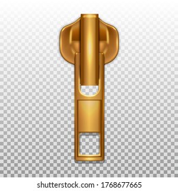 Gold color zip closure. Pendant for opening zippers on clothes. Isolated on a transparent background. 3D realistic vector illustration.