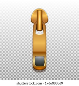 Gold color zip closure with plastic insert. Pendant for opening zippers on clothes. Isolated on a transparent background. 3D realistic vector illustration.