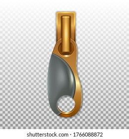 Gold color zip closure with plastic insert. Pendant for opening zippers on clothes. Isolated on a transparent background. 3D realistic vector illustration.