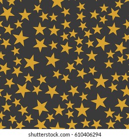 The gold colored abstract stars on the black background vector seamless pattern.