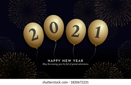 Globo de color dorado alineado con texto de tipografía numérica de 2021 para celebración de Año Nuevo Feliz Afiche de medios sociales diseño de ilustración vectorial